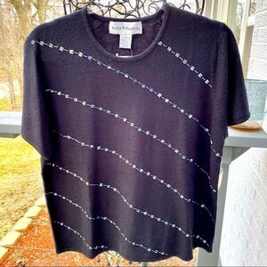NORTON MCNAUGHTON BLACK DIAGONALLY BEADED SHORT SLEEVE SWEATER L NWT